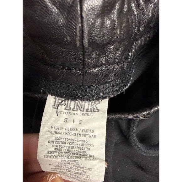 PINK Victoria's Secret Black Joggers Faux Leather Trim Love Pink Graphic Small - Picture 5 of 6